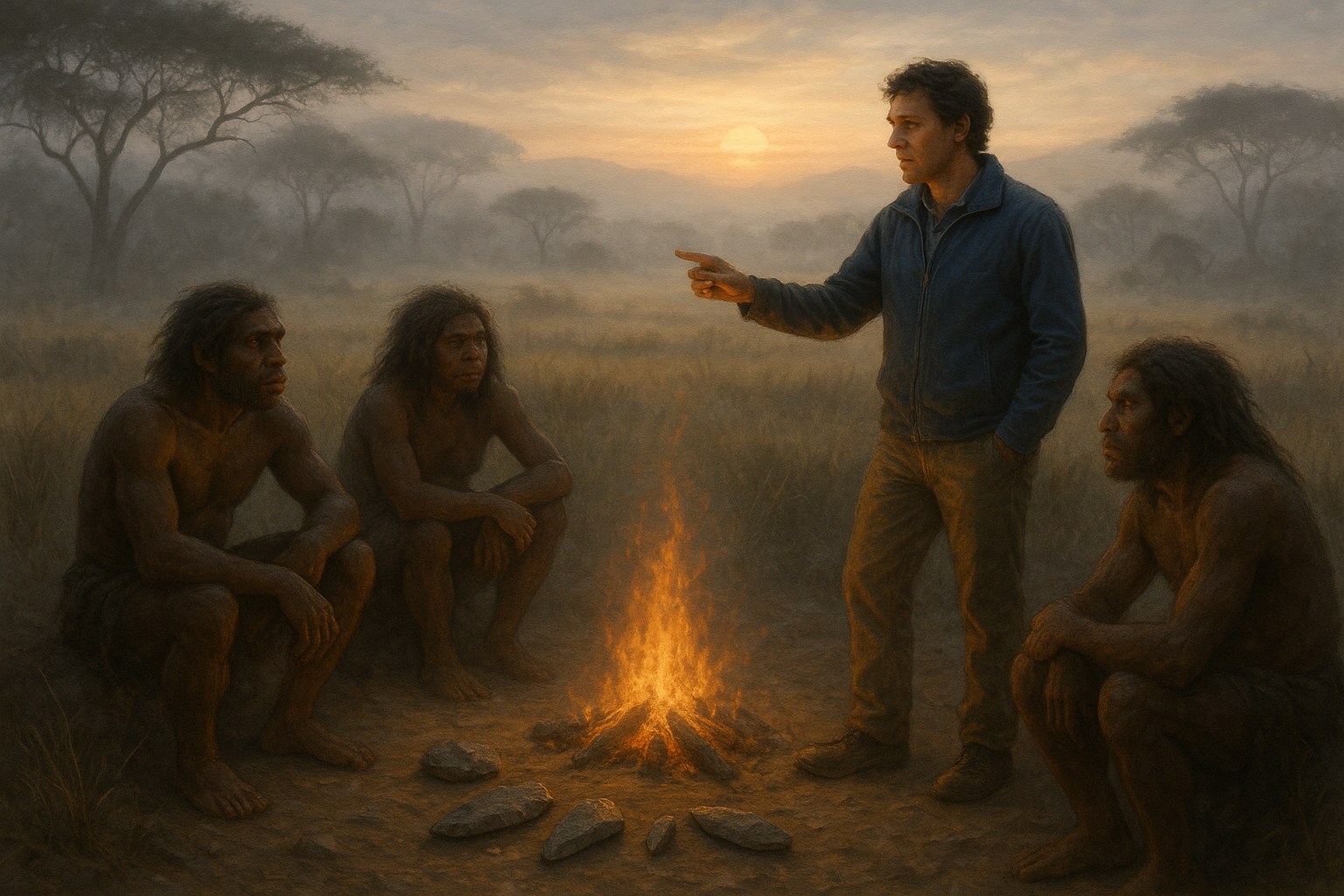Early Homo sapiens gathered around a flickering fire