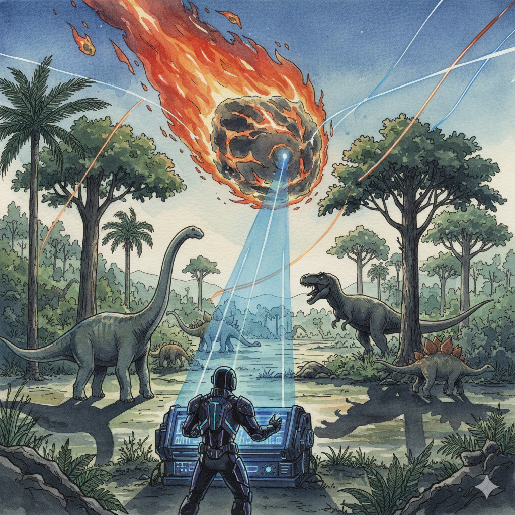 Asteroid streaking toward Earth, dinosaurs, time traveler