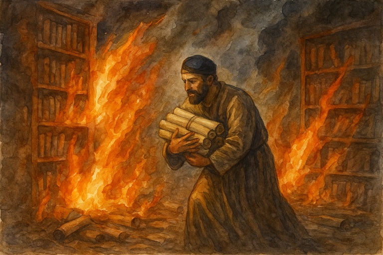 A burning the Library of Alexandria with a librarian saving scrolls