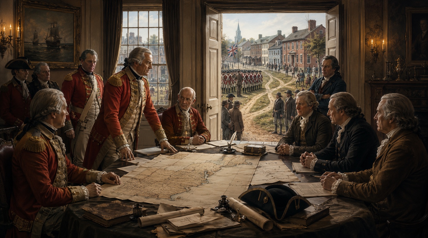 British and colonial leaders negotiating after an alternate victory in the American Revolution