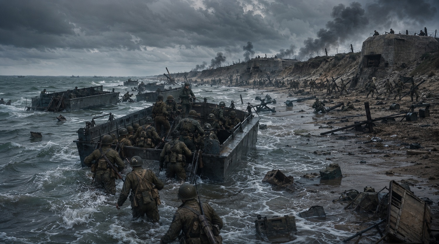 Allied landing craft withdrawing from Normandy after a failed D-Day assault