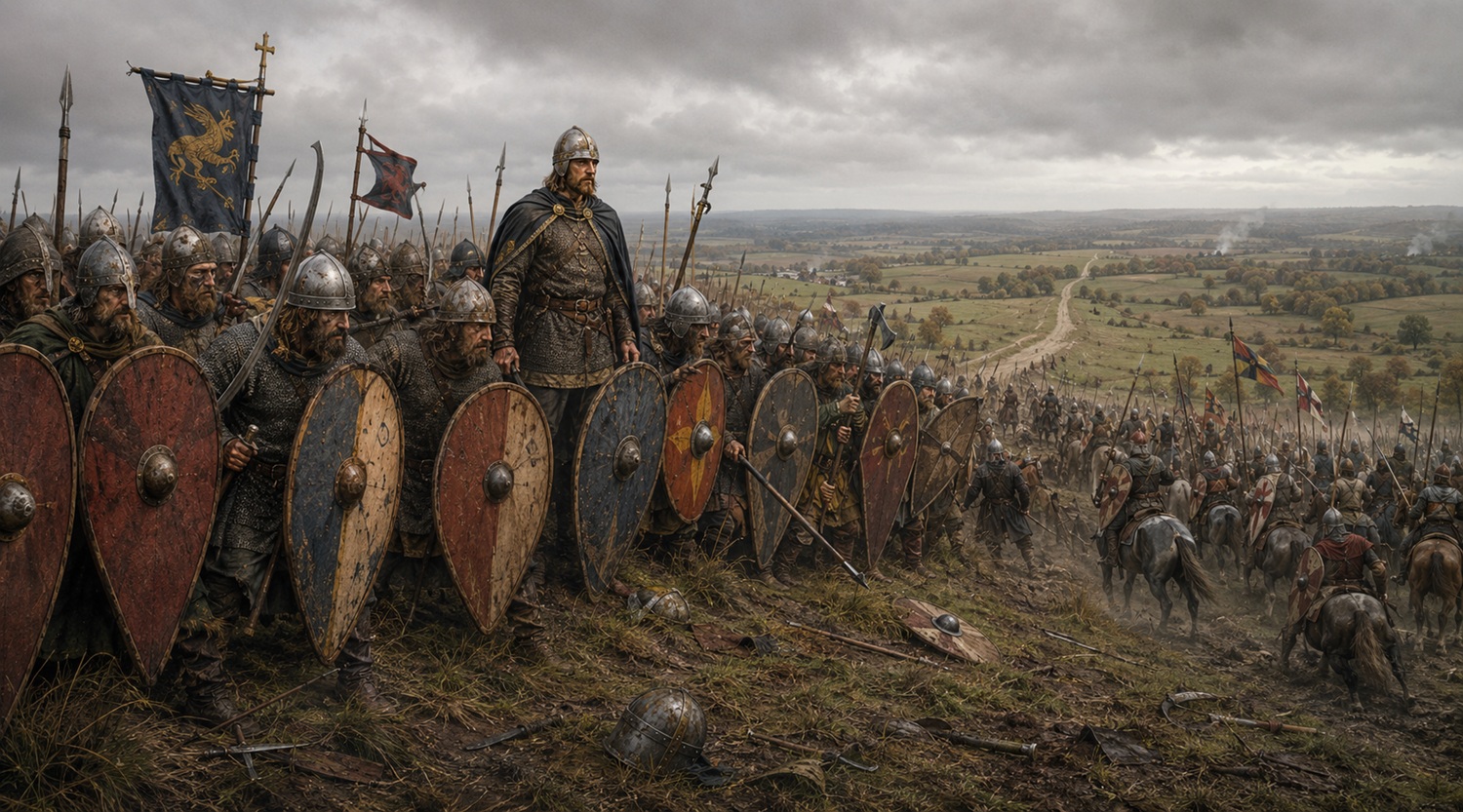 King Harold Godwinson victorious on the battlefield at Hastings
