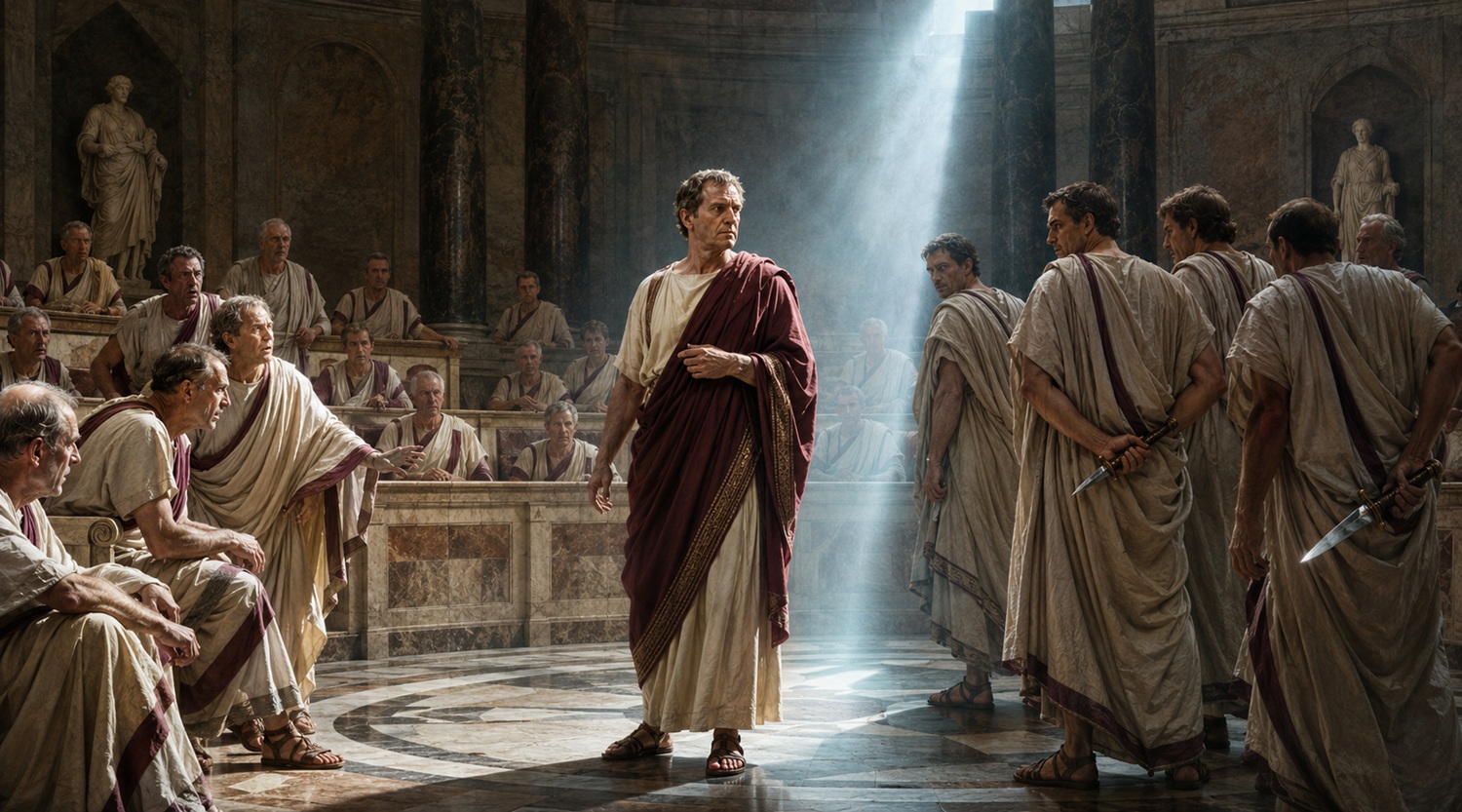 Julius Caesar standing in the Roman Senate after surviving the Ides of March