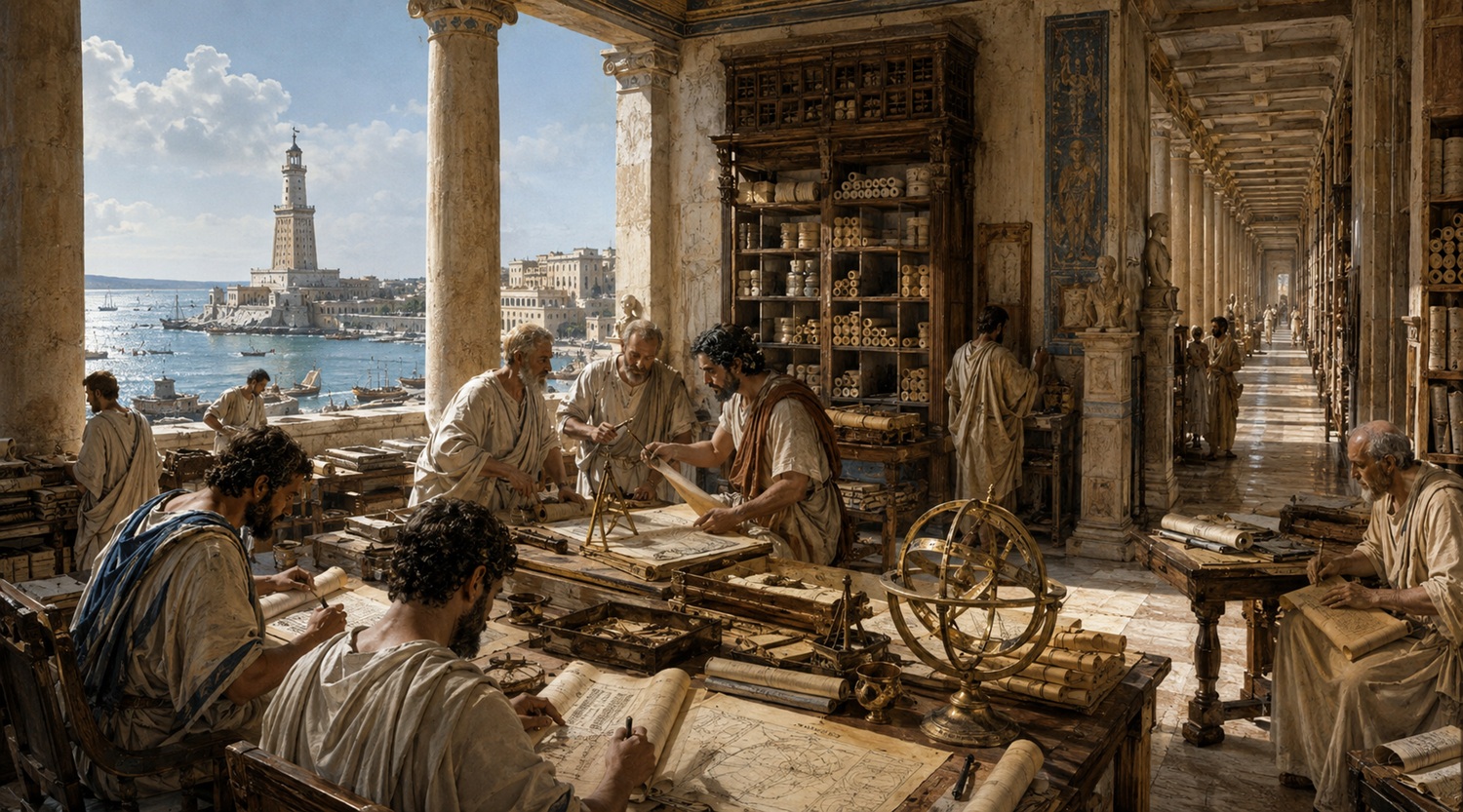 Scholars reading scrolls in a thriving ancient Library of Alexandria