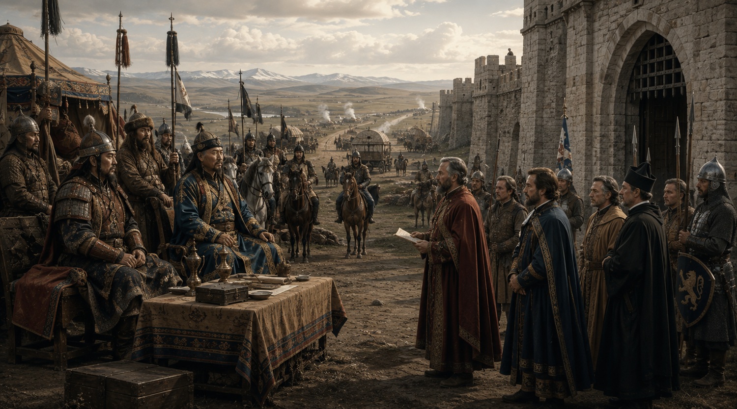 A Mongol army advancing toward a fortified medieval European city
