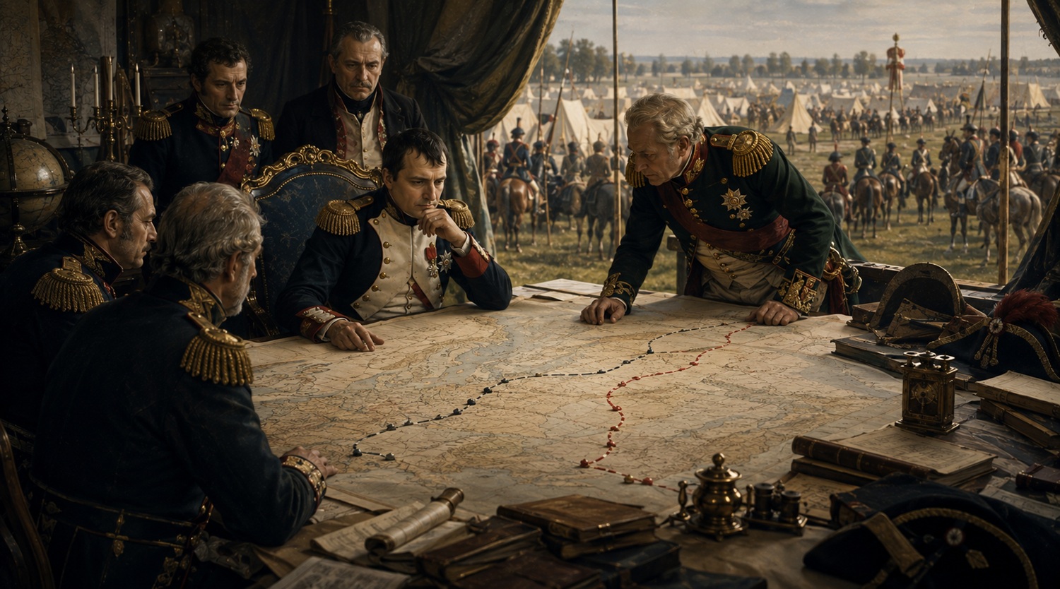 Napoleon studying a map of Europe while choosing not to invade Russia