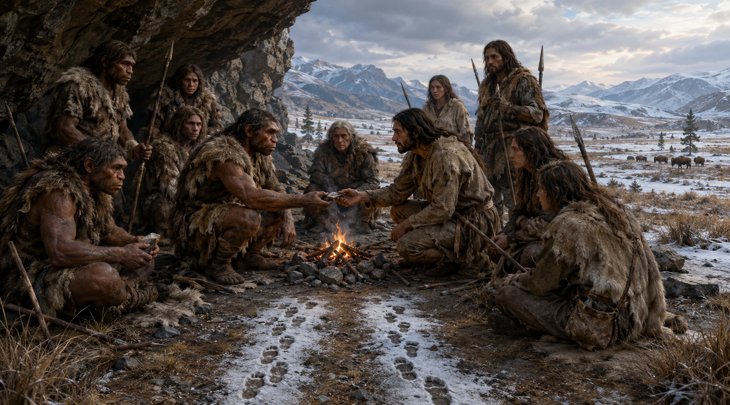 Neanderthal and Homo sapiens communities meeting in a prehistoric landscape