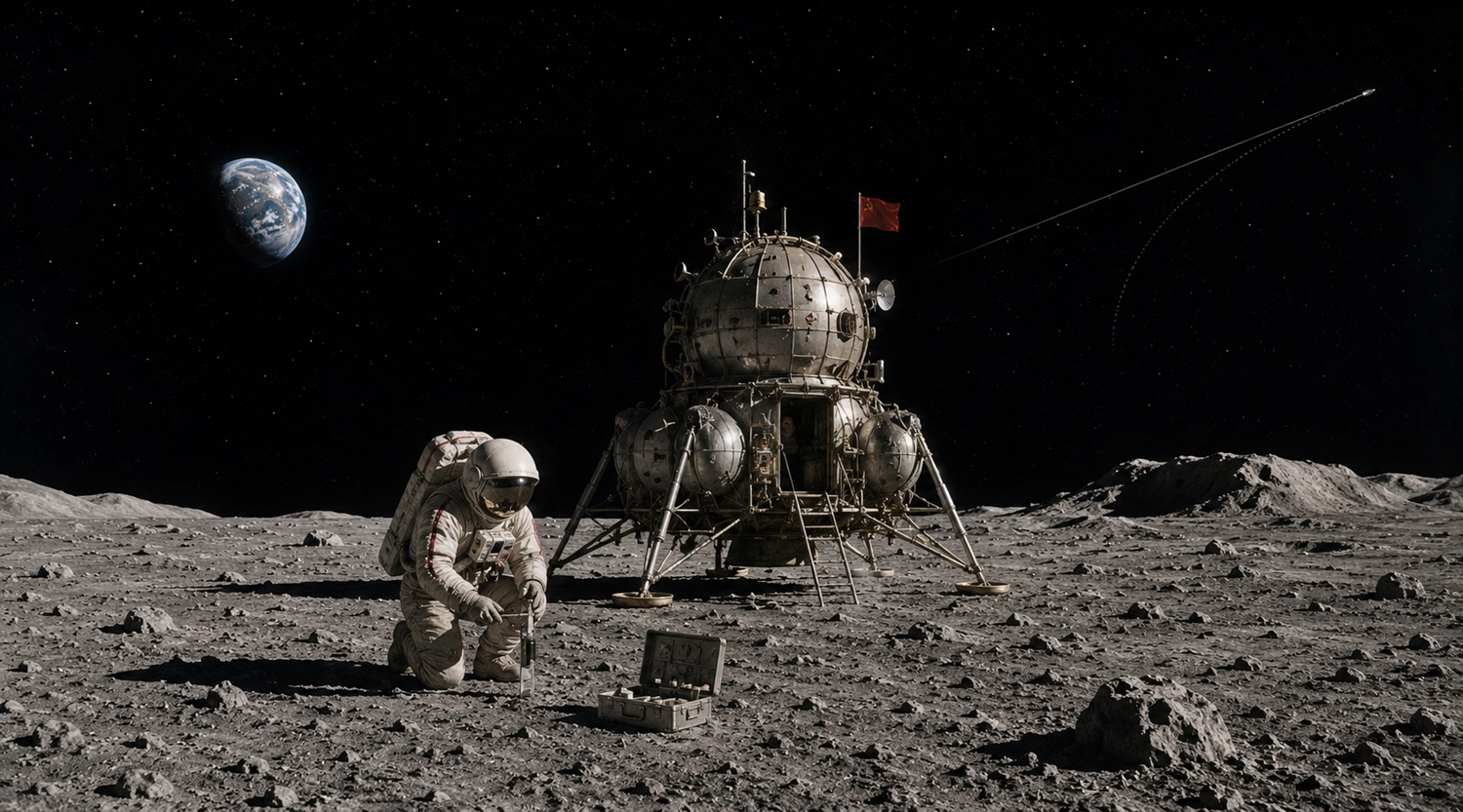 A Soviet cosmonaut planting a flag on the Moon before Apollo 11