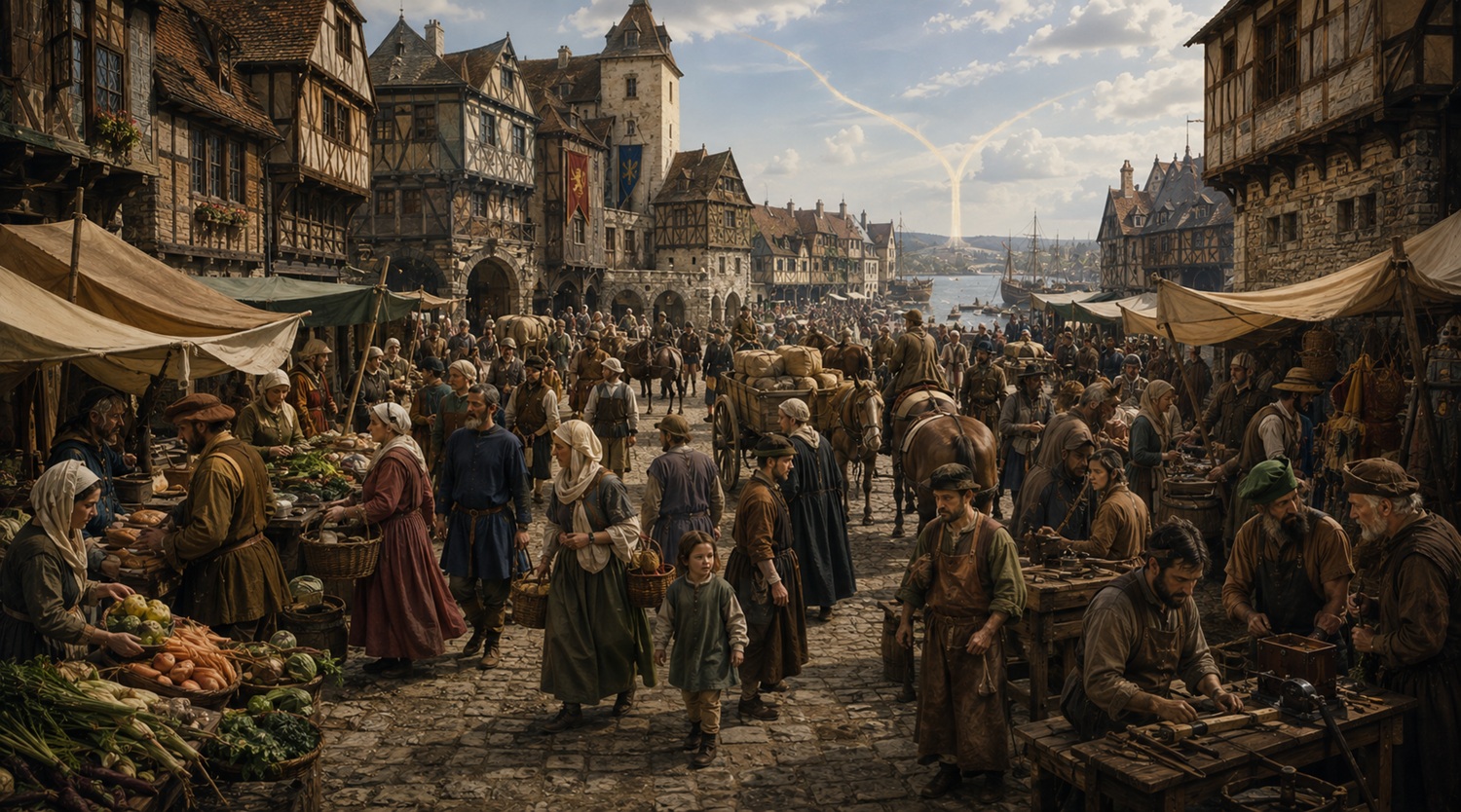 A busy fourteenth-century European town untouched by plague